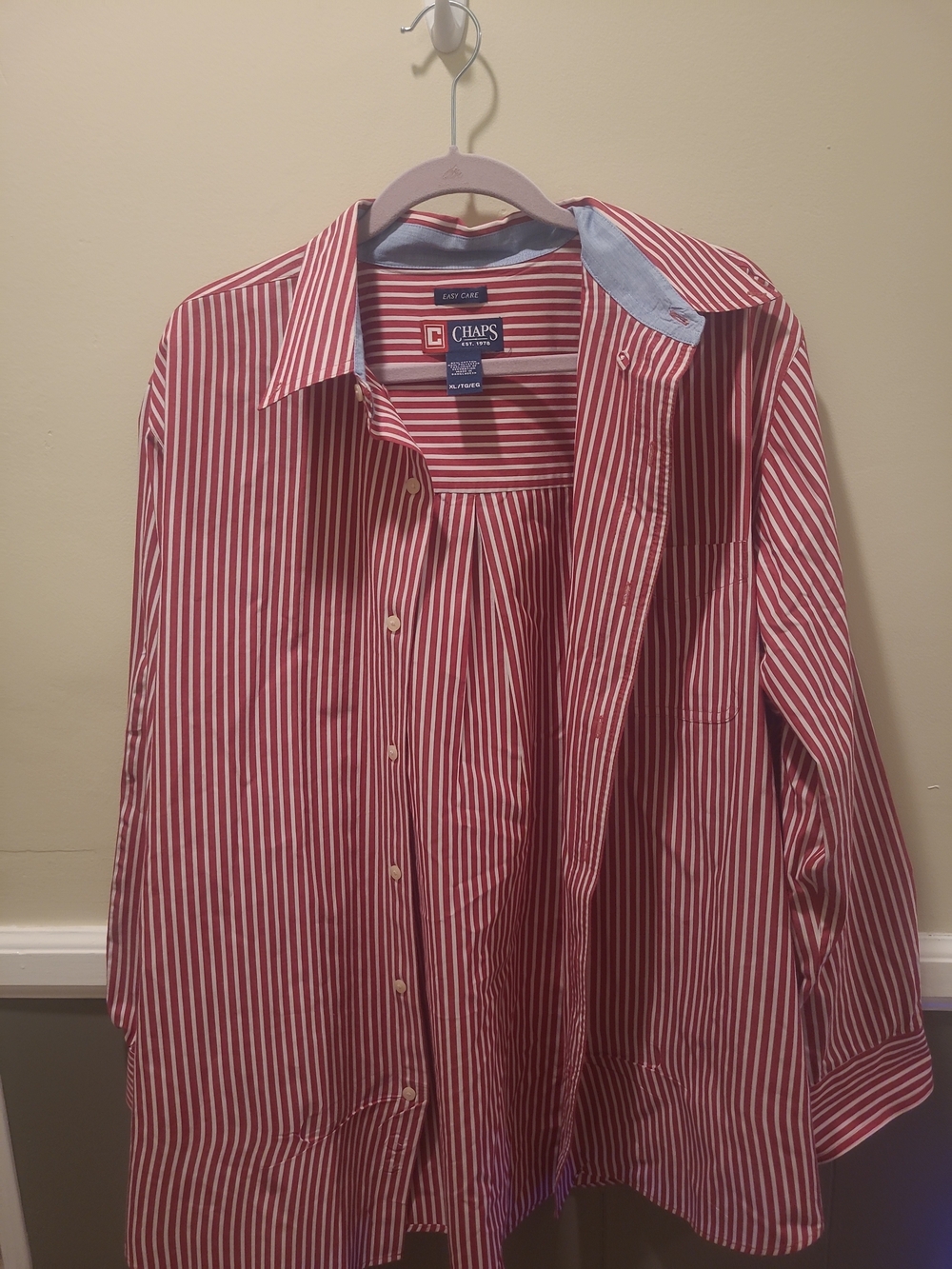 Chaps Button Up Shirt Mens XL Long Sleeve Red Stripe Cotton Blend Casual*
